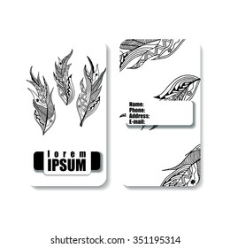 business banner, card with the image of a feathers hand drawn in the style of zentangle and Doodle