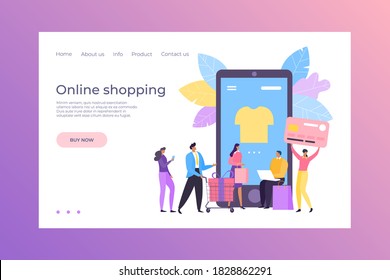 Business-Banner-Konzept, flache Commerce-Technologie, Vektorgrafik. Website-Design für Kunden im Internet, Menschen im Online-Shop. Online-Kauf-Cartoon-Vorlage kaufen Verkauf.