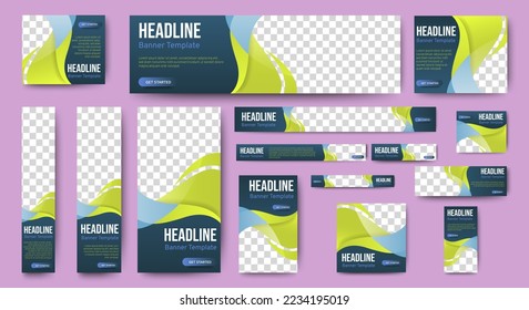 Business banner design web template Set, Horizontal header web banner. Modern Gradient Blue and yellow cover header background for website. Social Media Cover ads banner, flyer, invitation card