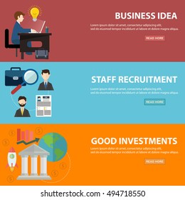 Business banner horizontal set with investments recruitment idea work elements isolated vector illustration.