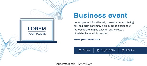 Business banner with a laptop and contact icons on white background. Abstract poster vector template with lines e-mail, party, workshop, event, webinar, conference