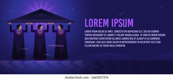 Business banner of a man with columns standing together and supporting a gable with a radiant delta. Well-coordinated corporate work.