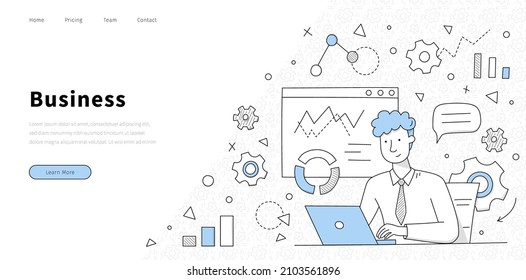 Business banner with man works on laptop in office. Vector landing page with doodle illustration of businessman with notebook on background of diagrams, charts and gears