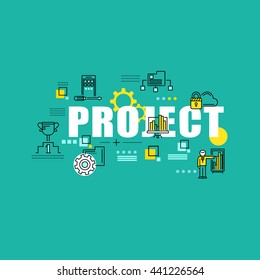 Business banner with project inscription and thin line icons, flat elements