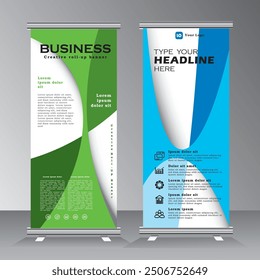 Business banner roll up design with green and blue colour, Vertical banner design, standee template for business, Modern vector banner. print ready roll up banner design,