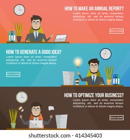 Business banner set with man in a suit asking questions like how to make an annual report how to generate a good idea and how to optimize your business vector illustration