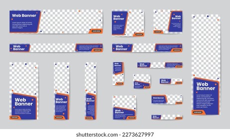 Business banner standard size in horizontal and vertical rectangle, and square template set for web design. Purple violet and orange header with place of photos. EPS10 vector illustration.