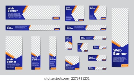 Business banner standard size in horizontal and vertical rectangle square template set for web design. Gradient blue and orange geometric chevron shapes header with place of photos. EPS10 vector.