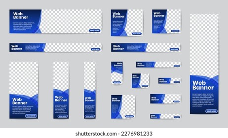 Business banner standard size in horizontal and vertical rectangle square template set for web design. Transparent gradient blue geometric curve shapes header with place of photos. EPS10 vector.