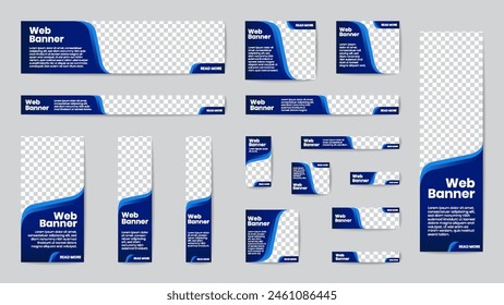 Business Banner Standardgröße in Horizontaler und vertikaler rechteckiger quadratischer Vorlage für Webdesign. Farbverlauf blau mit geometrischer Kurvenüberschrift mit Formen der Stelle der Fotos. EPS10-Vektorgrafik.