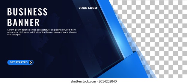 Business banner template design. Editable modern horizontal banner with blue frame and place for photo.