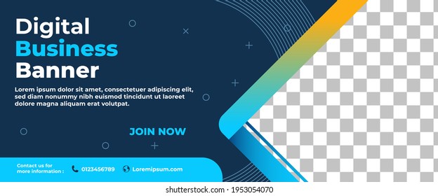 Business banner template design. Modern banner design with abstract blue shape and place for the photo. Usable for promotional, presentation, and announcement.