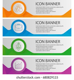 Business banner templates set. Briefcase, working conversation, growth chart and spaceship website menu items with linear icons. Color polygonal web banner concepts. Vector backgrounds