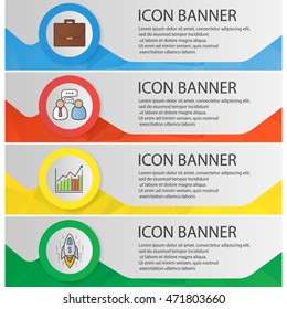 Business banner templates set. Easy to edit. Briefcase, working conversation, growth chart and spaceship website menu items. Color polygonal web banner concepts. Vector backgrounds
