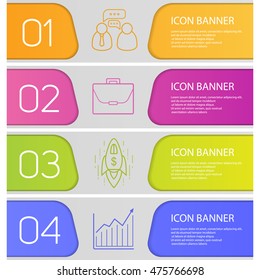 Business banner templates set. Easy to edit. Briefcase, working conversation, growth chart and spaceship. Website menu items with linear icons. Color web banner. Vector headers design concepts