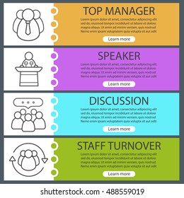 Business banner templates set. Easy to edit. Top manager, conference speaker, teamwork, team management. Website menu items with linear icons. Color web banner. Vector headers design concepts
