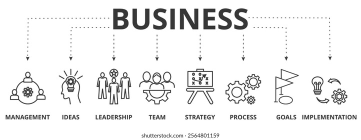 Business banner vector illustration concept with icon of management, ideas, leadership, team, strategy, process, goals, and implementation