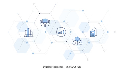 Business Banner Vector Illustration with Icon Style in Between. Line Duotone icon. Containing infographic, balance scale, job, brochure, continuous improvement.