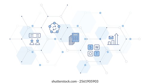 Business Banner Vector Illustration with Icon Style in Between. Line Duotone icon. Containing swap, stats, calculator, consultant, swot analysis.