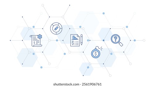 Business Banner Vector Illustration with Icon Style in Between. Line Duotone icon. Containing income, development, debt, problem solving, pie chart.