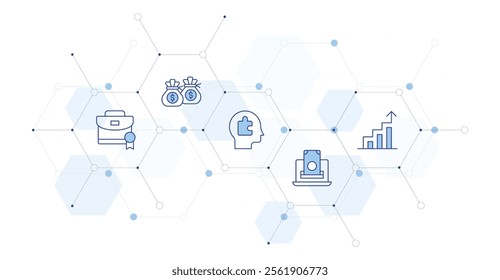 Business Banner Vector Illustration with Icon Style in Between. Line Duotone icon. Containing graphic, briefcase, online payment, money bag, puzzle piece.