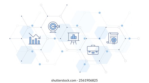 Business Banner Vector Illustration with Icon Style in Between. Line Duotone icon. Containing contract, target, statistics, briefcase, trend.