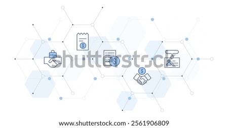 Business Banner Vector Illustration with Icon Style in Between. Line Duotone icon. Containing deal, partnership, price list, id card, receipt.