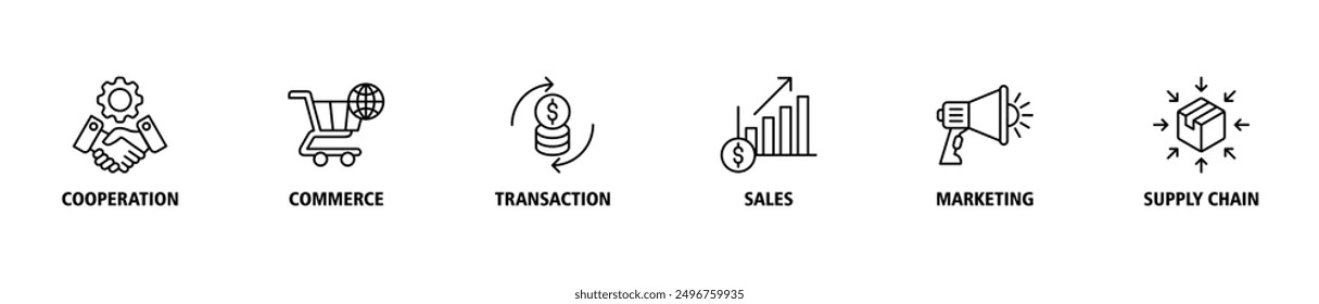 Business to business banner web icon set symbol vector illustration concept with icon of cooperation, commerce, transaction, sales, marketing, supply chain icons live stroke and easy to edit