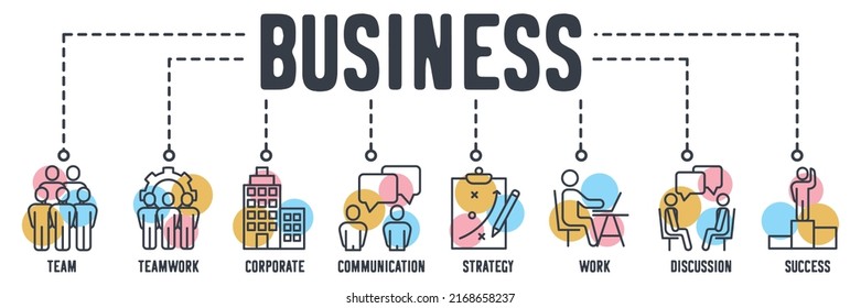 Business banner web icon. team, teamwork, corporate building, communication, strategy, work, discussion, success vector illustration concept.