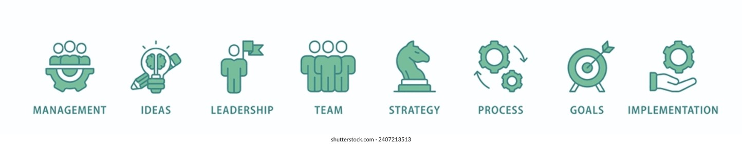 Business banner web icon vector illustration concept with icon of management, ideas, leadership, team, strategy, process, goals, and implementation