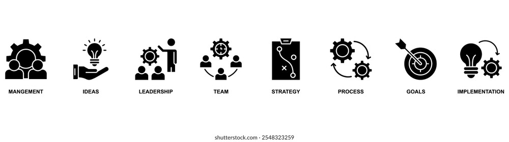 Conceito de ilustração vetorial do ícone da Web do banner de negócios com ícone de gerenciamento, ideias, liderança, equipe, estratégia, processo, metas, implementação
