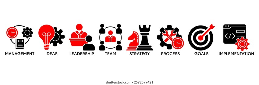 Business banner web icon vector illustration concept with icon of management, ideas, leadership, team, strategy, process, goals, and implementation