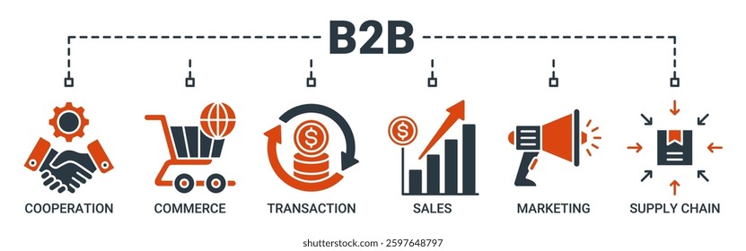 Business to business banner web icon vector illustration concept with icon of cooperation, commerce, transaction, sales, marketing, supply chain icons. Solid color vector symbol background.
