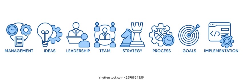 Business banner web icon vector illustration concept with icon of management, ideas, leadership, team, strategy, process, goals, and implementation