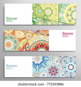 Business banners with colorful ornament, isolated elements. Horizontal template layout for website design. Stylized floral mandala background. Abstract doodle header with place for the text