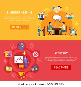 Business banners set with group meeting and strategy planning images with text and read more button vector illustration