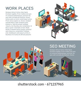 Business banners vector design with isometric workplace modern interior and 3d office people. Seo meeting and work place interior illustration