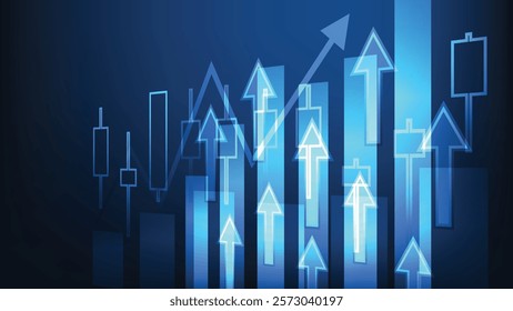 business bar chart with candlesticks stock market and arrow up on blue background