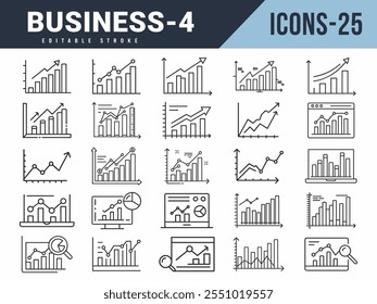 Business Bar Chart Line Editable 25 Icons set. Vector illustration in modern thin line style of business icons: Business Bar Chart, Editable stroke. 
