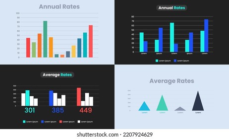 Business bar charts set, graph diagram statistical infographics element template. Blue and dark mode, isolated background. Vector design.