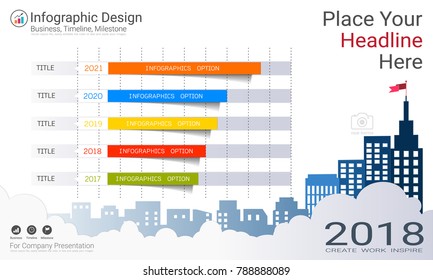 Business bar graph Infographics template, Growth progress color full with Process flowchart 5 options, Communicates data through charts, graphs, Make facts and statistics more interesting.