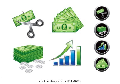 Business bar graph, price cut symbol, dollar bills and cents