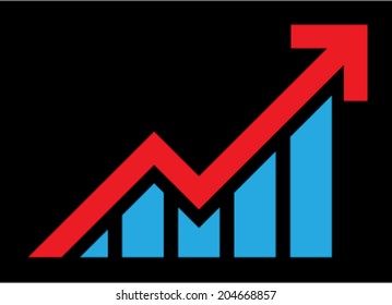 Business bar graph showing growth and success with thick red arrow rising above blue data bars, on black background. Business success logo