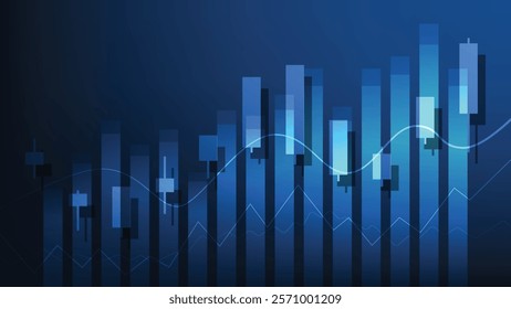 business bar graph and stock market candlesticks on blue background