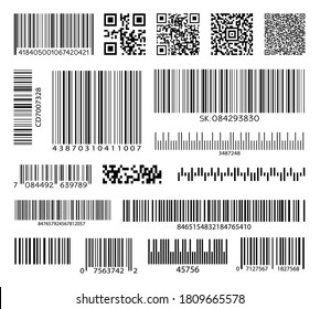 Conjuntos de códigos de barras comerciales y códigos QR. Código rayado negro para identificación digital. Vector