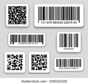 Conjunto vectorial de códigos de barras comerciales y códigos QR. Código de rayas negras para identificación digital, icono de código de barras realista.