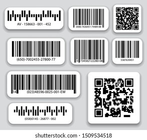 Business barcodes and QR codes vector set. Black striped code for digital identification, Realistic bar code icon.