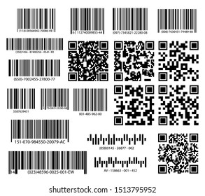 Business barcodes and QR codes vector set. Black striped code for digital identification, Realistic bar code icon.