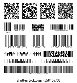 Business barcodes and QR codes vector set. Black striped code for digital identification, illustration of monochrome design qr code.