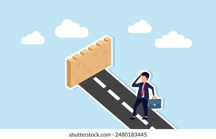 Business barriers obstacles, roadblocks, career struggles, problems to solve, and dead ends to overcome, concept of A confused businessman walks towards a roadblock a brick wall barrier